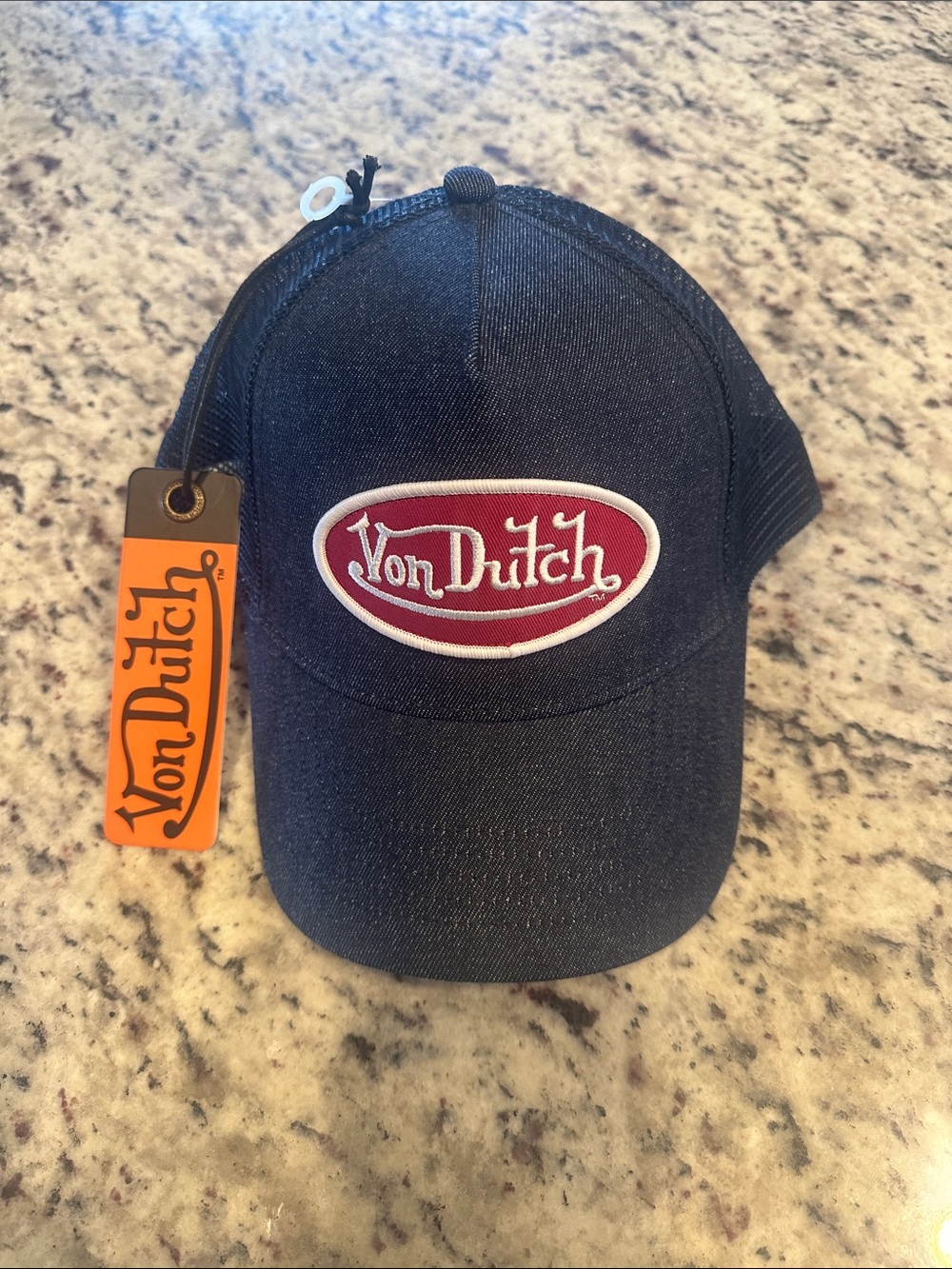 DARK DENIM WITH RED & WHITE LOGO TRUCKER HAT